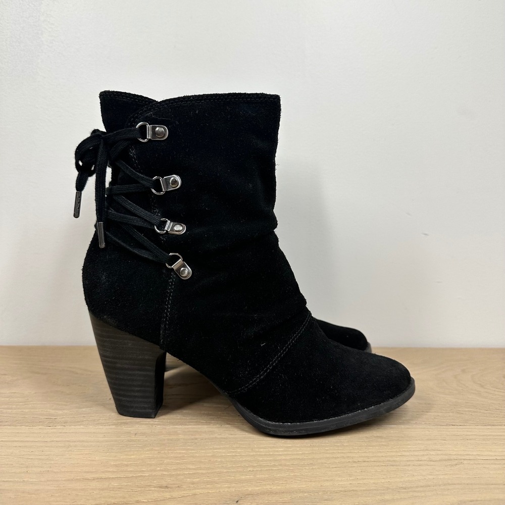 Clarks Ankle Boots Womens 8 Black Leather Lace Up Block Heel Moto Western - Picture 7 of 13